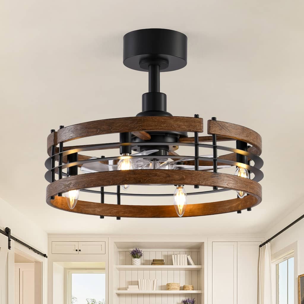 20" Farmhouse Caged Ceiling Fan with Light, Rustic Wood Grain Finish, Remote Control, 6-Speed Reversible DC Motor - 20-Inch