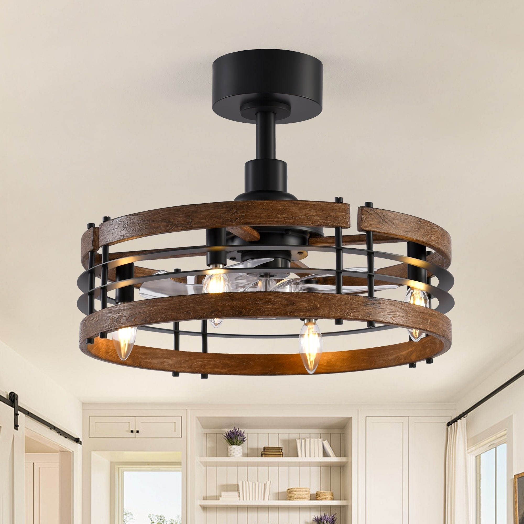 20" Farmhouse Caged Ceiling Fan with Light, Rustic Wood Grain Finish, Remote Control, 6-Speed Reversible DC Motor - 20-Inch