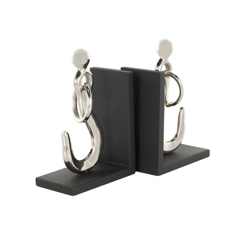 Silver Aluminum Metal Hook Decorative Bookends with Black Bases (Set of 2)