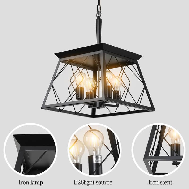 16" Black Industrial 4-Light Pendant Chandelier, Modern Metal Cage Design, Adjustable Hanging Light for Dining Room, (No Bulbs)