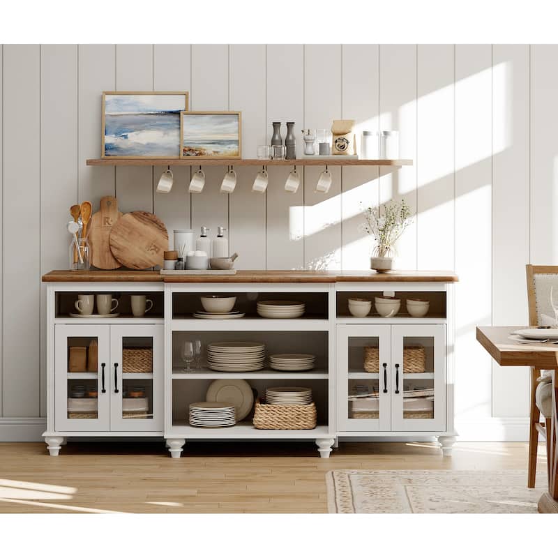 Buffet Cabinet with Glass Doors, Oak Kitchen Cabinet with Storages