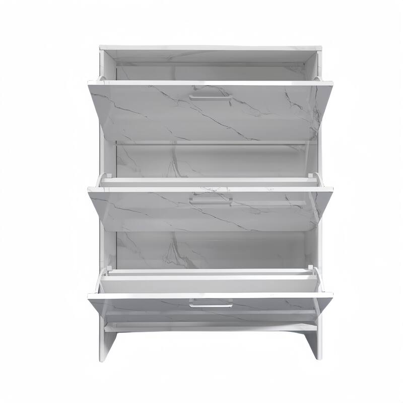 3 FlipTop Shoe Drawers, White Marble Color High Glossy 3 Doors Shoe with Retro