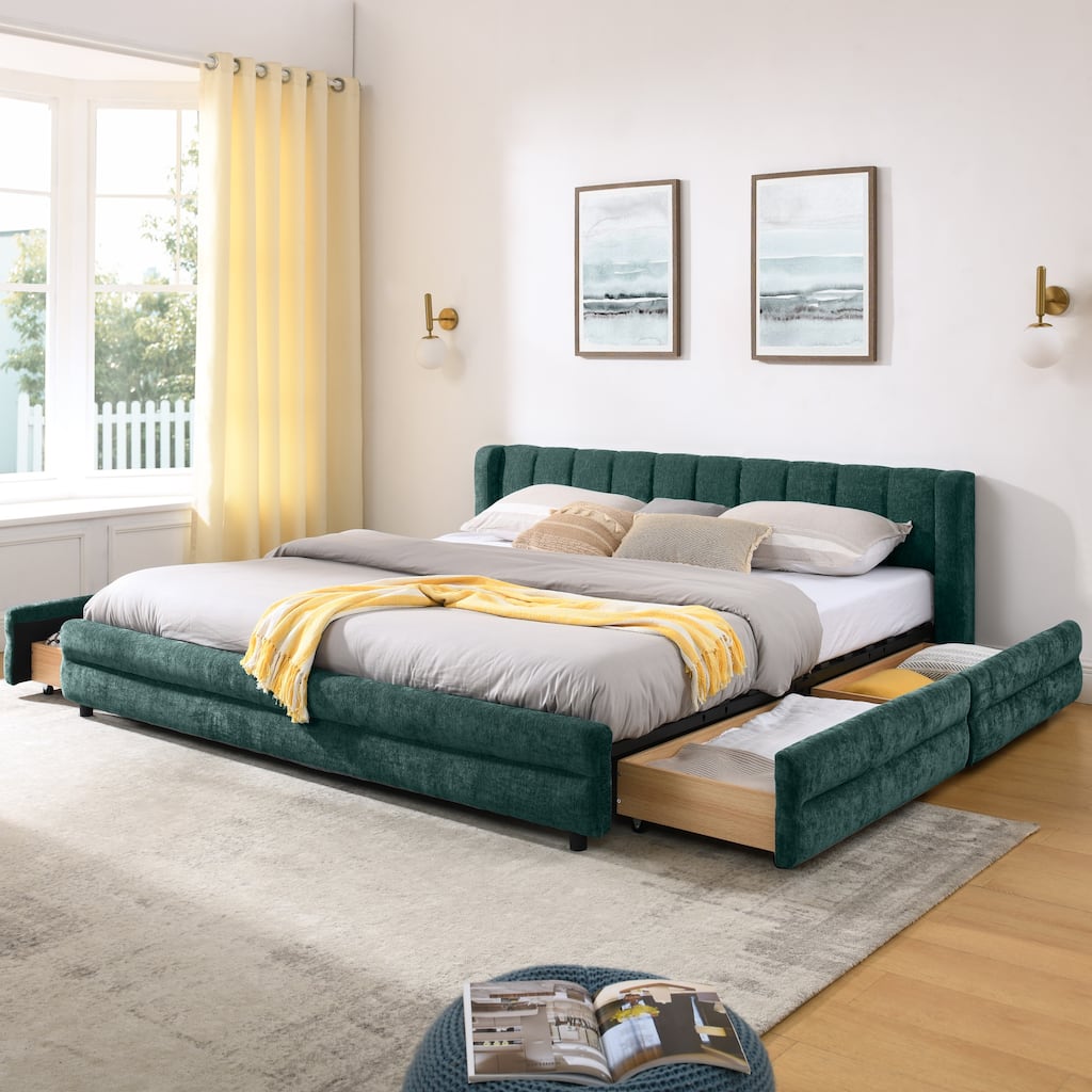King Upholstered Bed Frame with Storage Drawer, Thick Padded Headboard & Solid Frame in Chenille Fabric