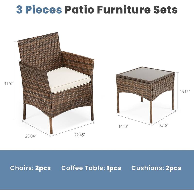 3 Pieces Patio Set Outdoor Wicker Furniture Sets Modern Rattan Chair Conversation Sets with Coffee Table for Yard and Bistro