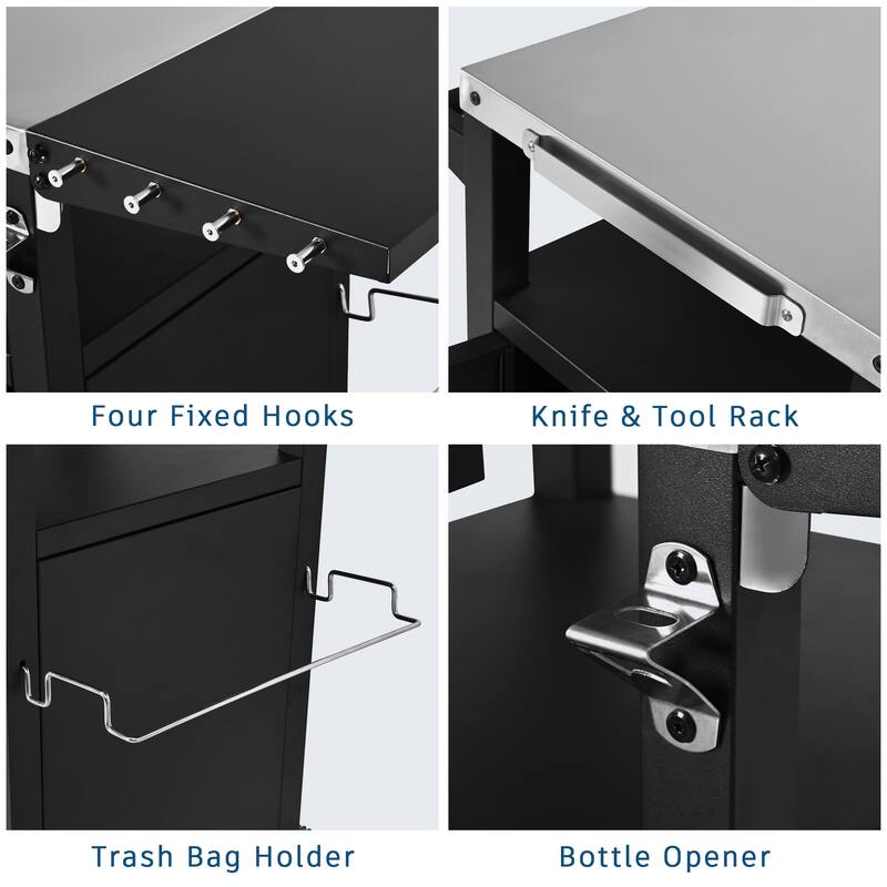 33.9" Outdoor Metal Grill Cart with Drop Leaf, Wheels, Stainless Steel Top, Storage Cabinet & Spice & Paper Rack