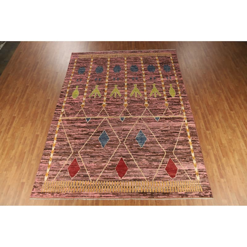 Geometric Moroccan Oriental Large Rug Hand-Knotted Pink Wool Carpet - 10'1" x 13'10"