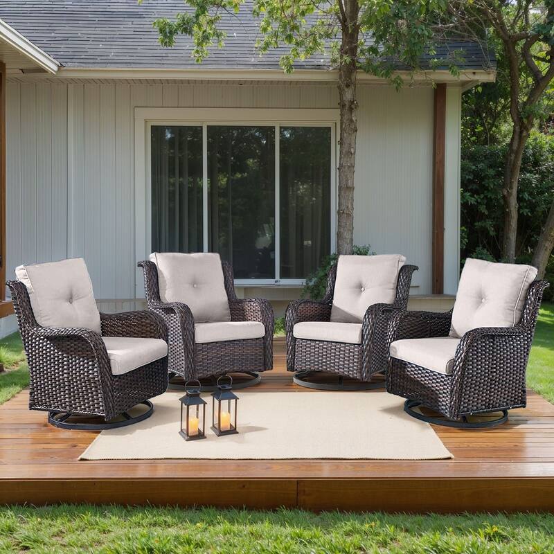 Pocassy 4Pieces Swivel Glider Chairs with 5Inch 6Inch Cushion - Brown Wicker Beige Cushion - 4PCS Swivel Chair with 4 Inch Cushion
