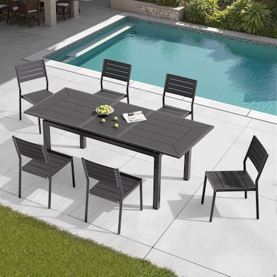 7PC Pellebant Outdoor Patio Aluminum Expandable Dining Table WPC Top with Stackable Chairs