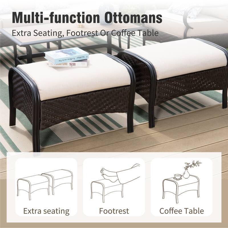 MAISON ARTS 4 Piece Patio Conversation Set, PE Wicker Rattan Outdoor Lounge Chairs with Soft Cushions 2 Ottoman