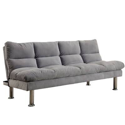 Fabric Upholstered Futon Sofa with Metal Base, Gray and Silver