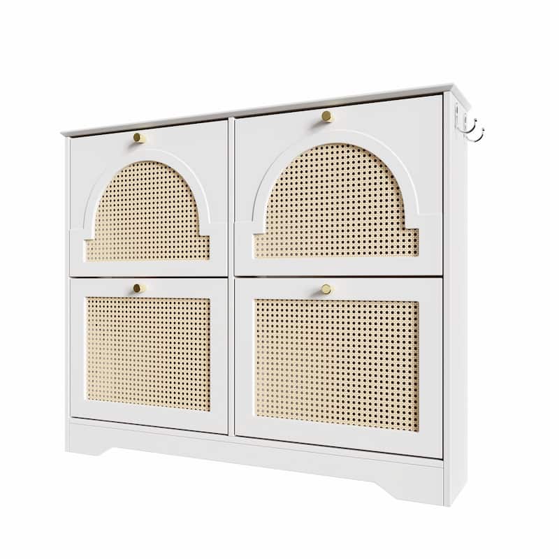 Mid-Century Modern Narrow Shoe Cabinet – 4 Flip-Drawer & 4 Rattan Door Design with Tipping Bucket Storage – 2 Silver Hooks