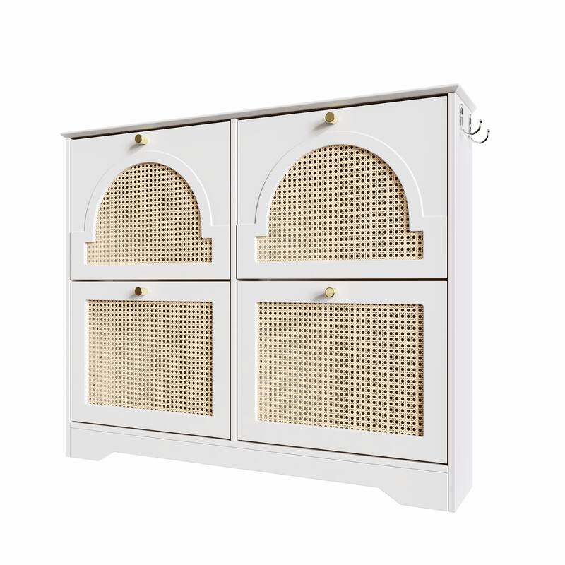 Mid-Century Narrow Design Tipping Bucket Shoe Cabinet with 4 Flip Drawers, Elegant Entryway Shoe Organizer with 4 Rattan Doors