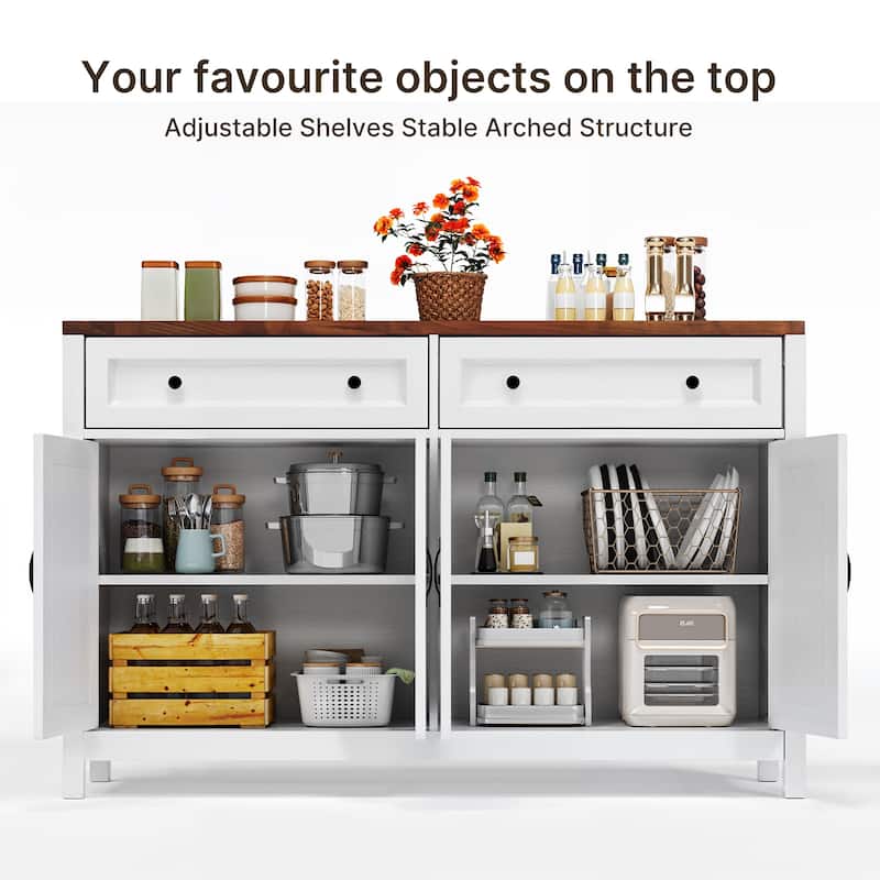 Farmhouse Kitchen Sideboard Buffet Cabinet with Storage, Wood Coffee Bar and Storage Sideboard with 2 Drawers and 4 Doors