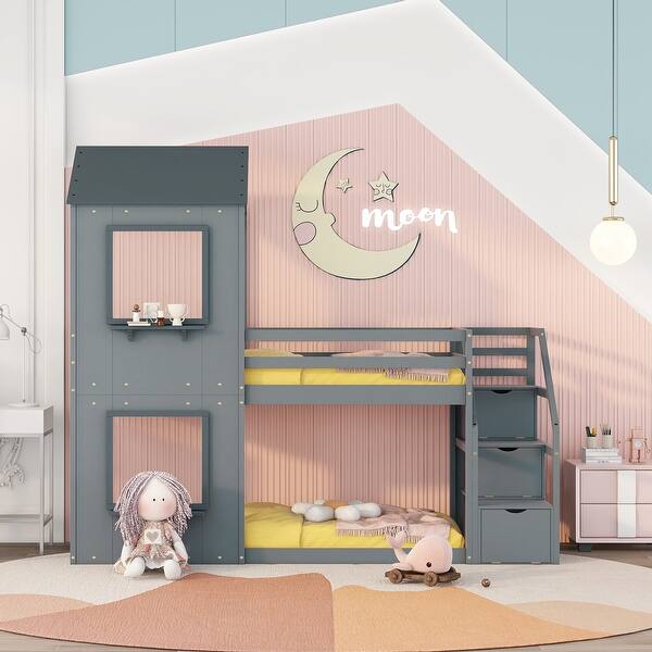 slide 2 of 14, Twin over Twin All-in-One Storage Bunk Bed Frame w/ Storage Stairs, Roof, Window, Ladder Creative Loft Bed for Kids, Teens Gray