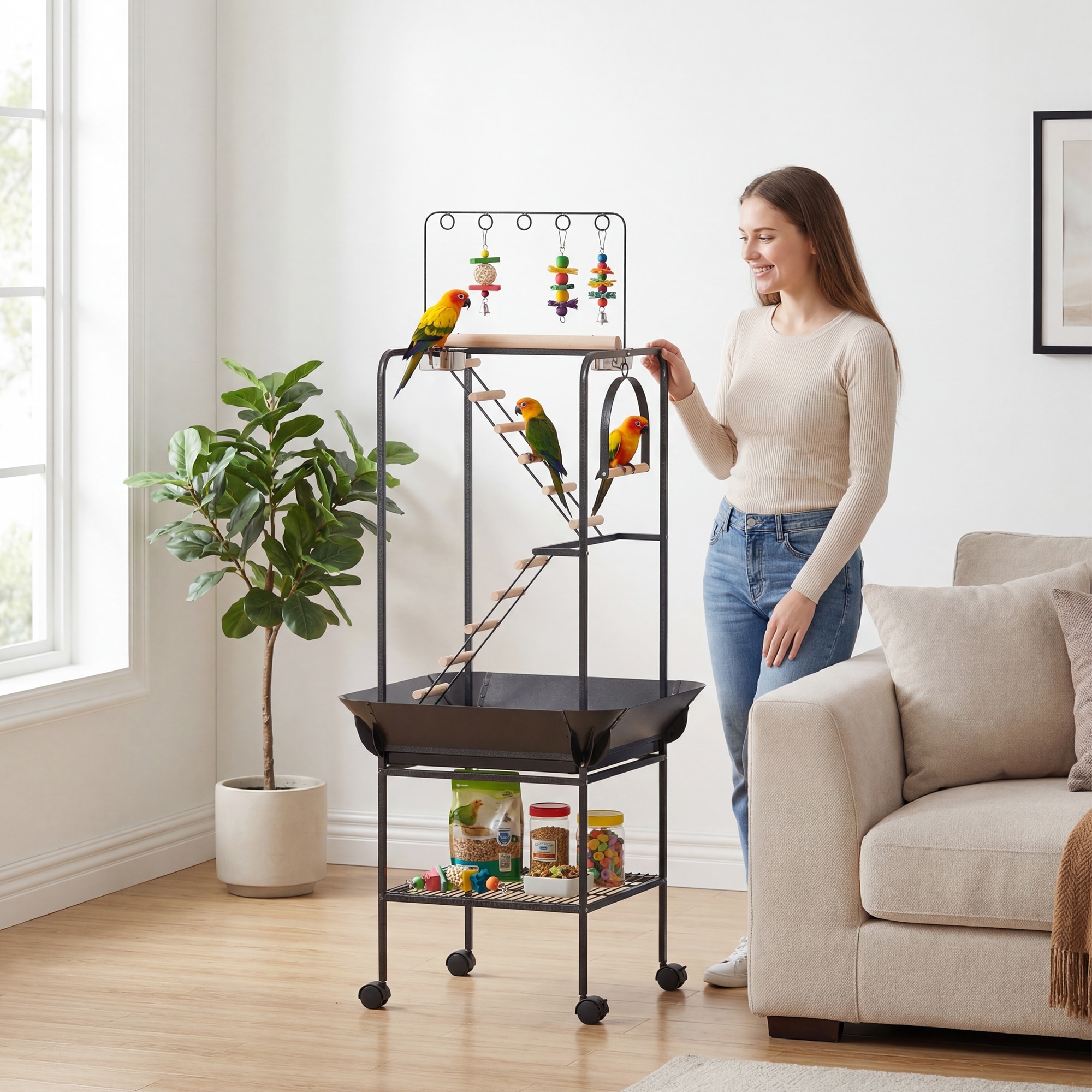 PawHut 64"H Rolling Bird Stand Parrot Playstand with Seed Guard & Wheels, with Ladders, Swing, Toy Hook & Bowls - large