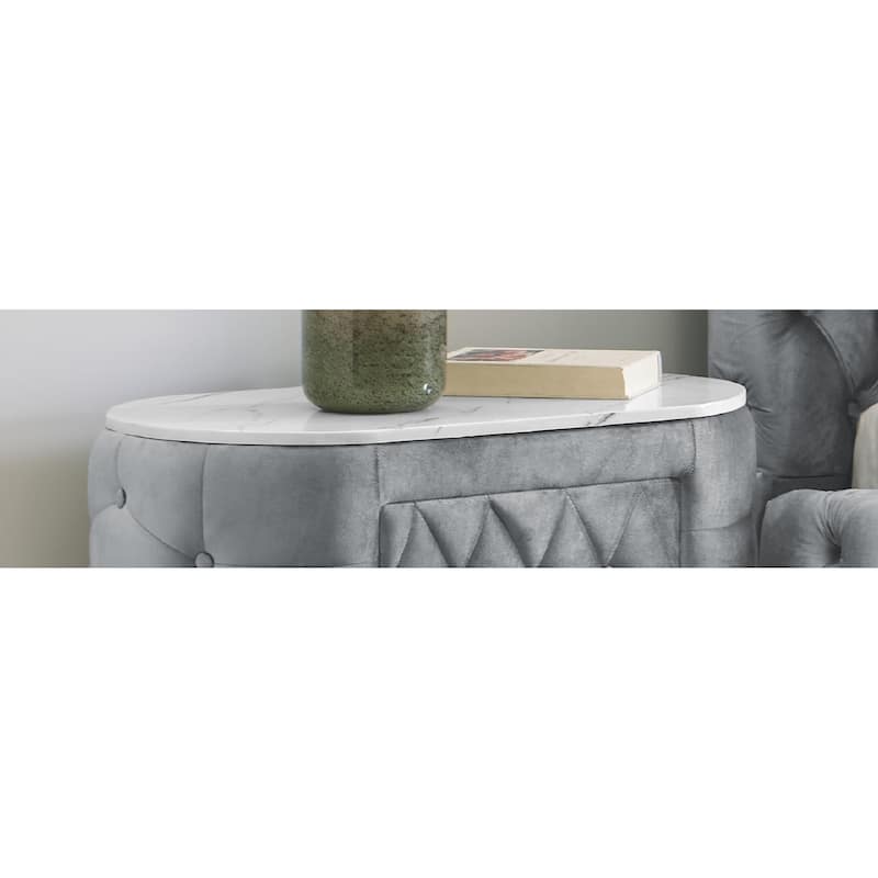 1pc Oval Faux Marble Top Nightstand 2- Drawers Storage Button Tufted Faux Crystal Tufted - Grey