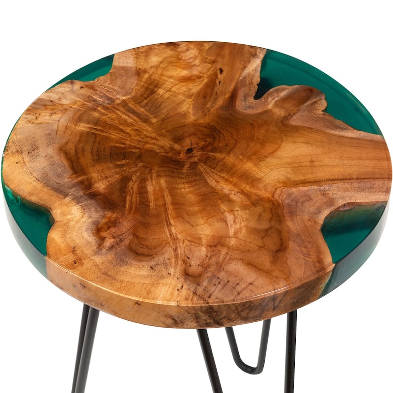 Anan Teak Wood Epoxy Resin End Table - Round Live Edge Side Table with Black Metal Legs, Handcrafted Modern Rustic Accent Table