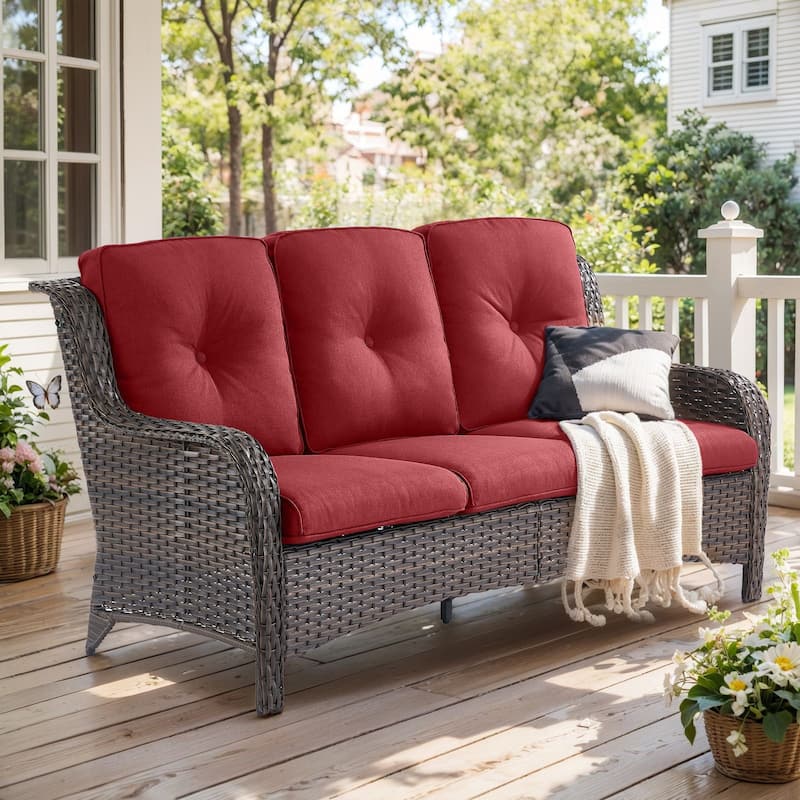 Gymojoy Outdoor Wicker Sofa Patio Rattan Wicker Furniture Cushion Sofa - Brown Wicker / Red Cusion