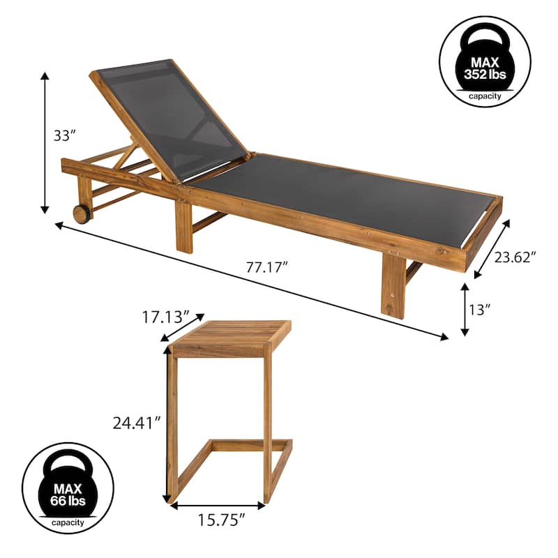 Trabuco Coastal Modern Acacia Wood Mesh 3-Position Outdoor foldable Chaise Lounge Set with Side Table