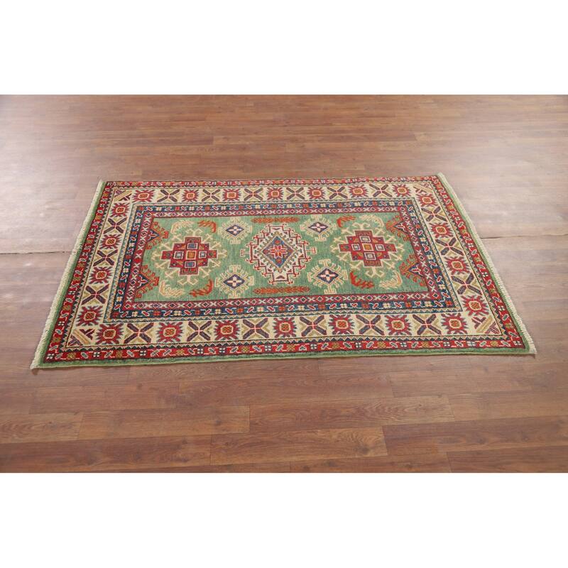 Green Geometric Kazak Foyer Rug Handmade Wool Carpet - 3'1" x 4'11"