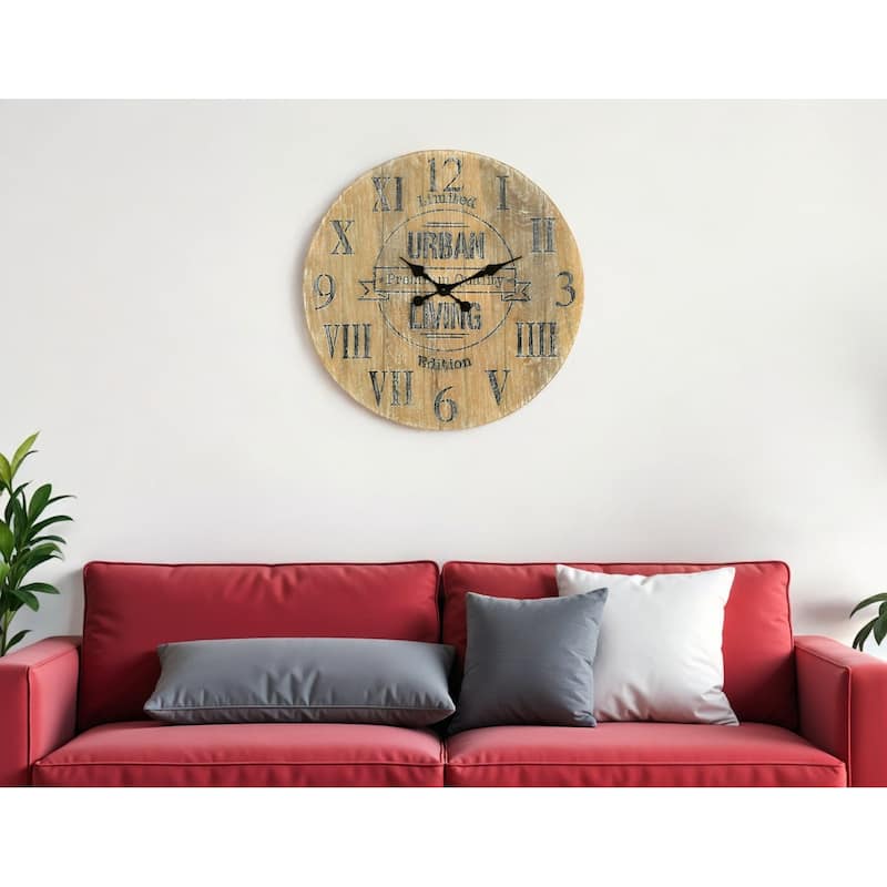 HomeRoots 24" Natural Distressed Solid Wood Silent Analog Round Wall Clock - 24' X '24' X '2 - Natural - 24' X '24' X '2