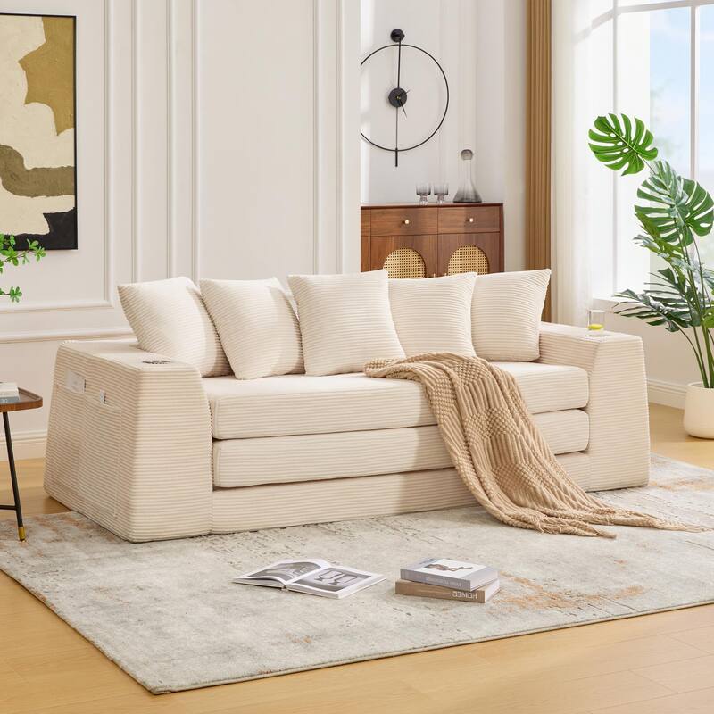 2 in 1 Convertible Sofa Bed, Sleeper Sofa with Storage Pockets, Pull Out Loveseat Couch with Two Cup Holders