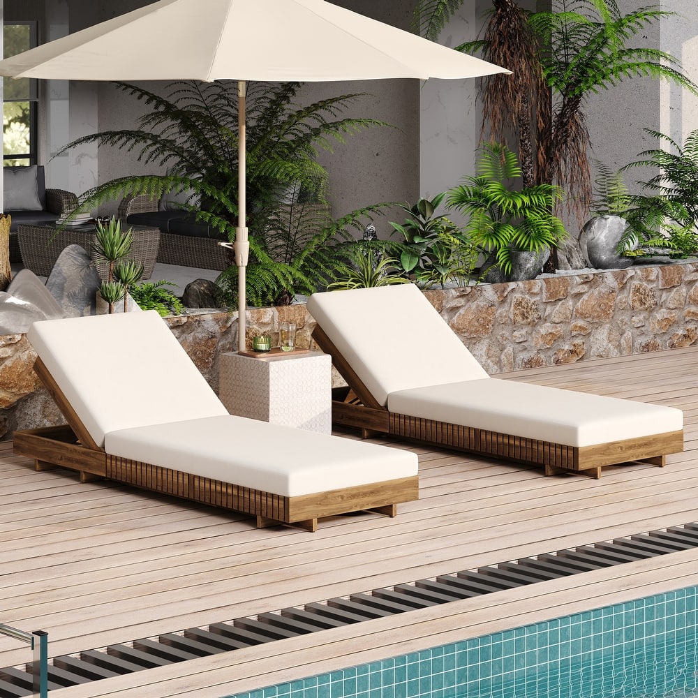 Patio Outdoor Acacia Wood Sun Tanning Chaise Lounger with Cushions Breathable Recliners Garden Poolside Adjustable Lounge Chairs