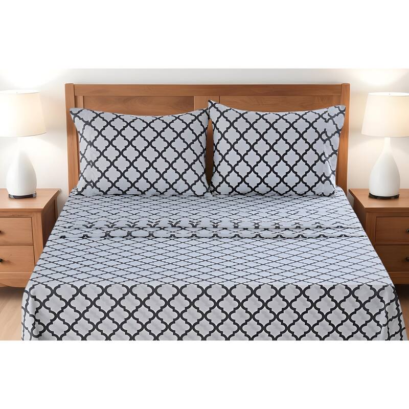 Four Piece White and Charcoal Quatrefoil Microfiber California King Sheet Set - White and Charcoal - California King