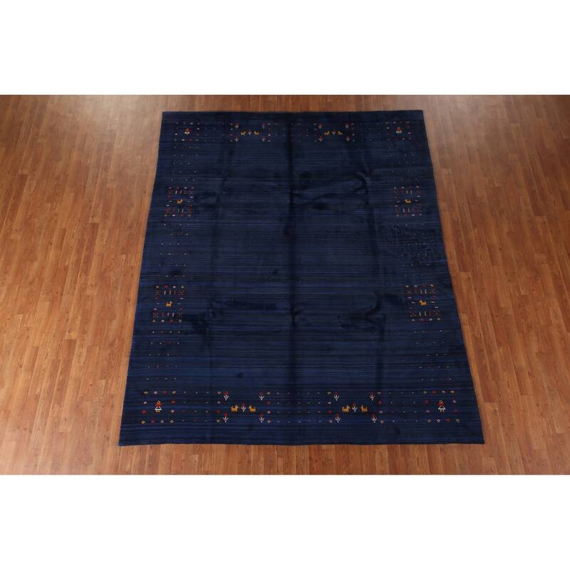 Blue Striped Gabbeh Oriental Area Rug Handmade Silk Carpet - 7'8"x 9'7"