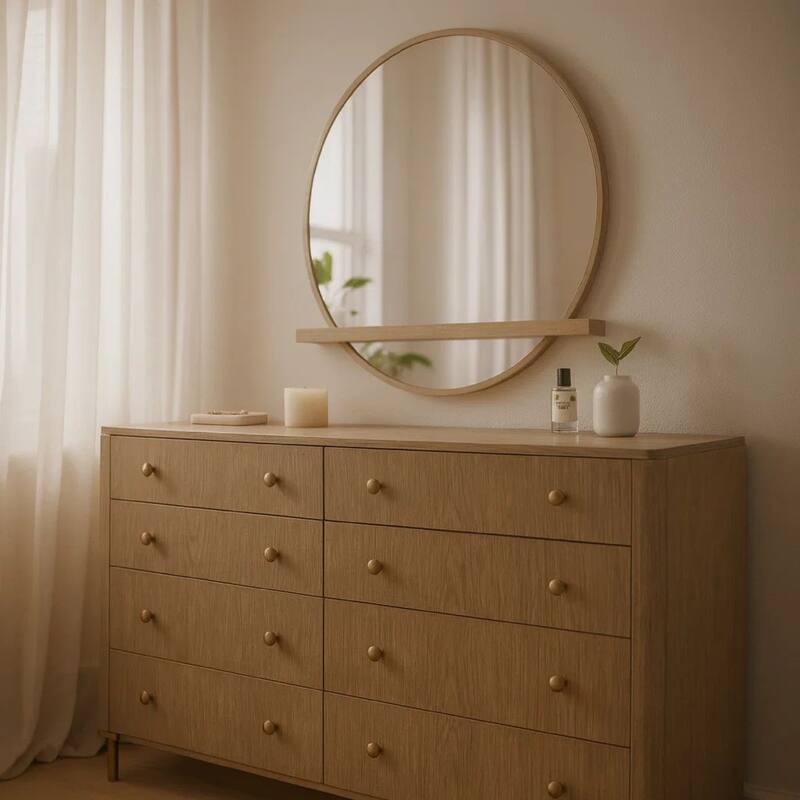 Fij Wide Dresser with Mirror, 8 Drawers, Sand Wash Brown, Brass Knobs