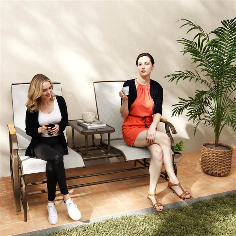 Steel Mesh Loveseat Rocking Glider Chair with Table - 57.75" W x 32.25" D x 38.5" H