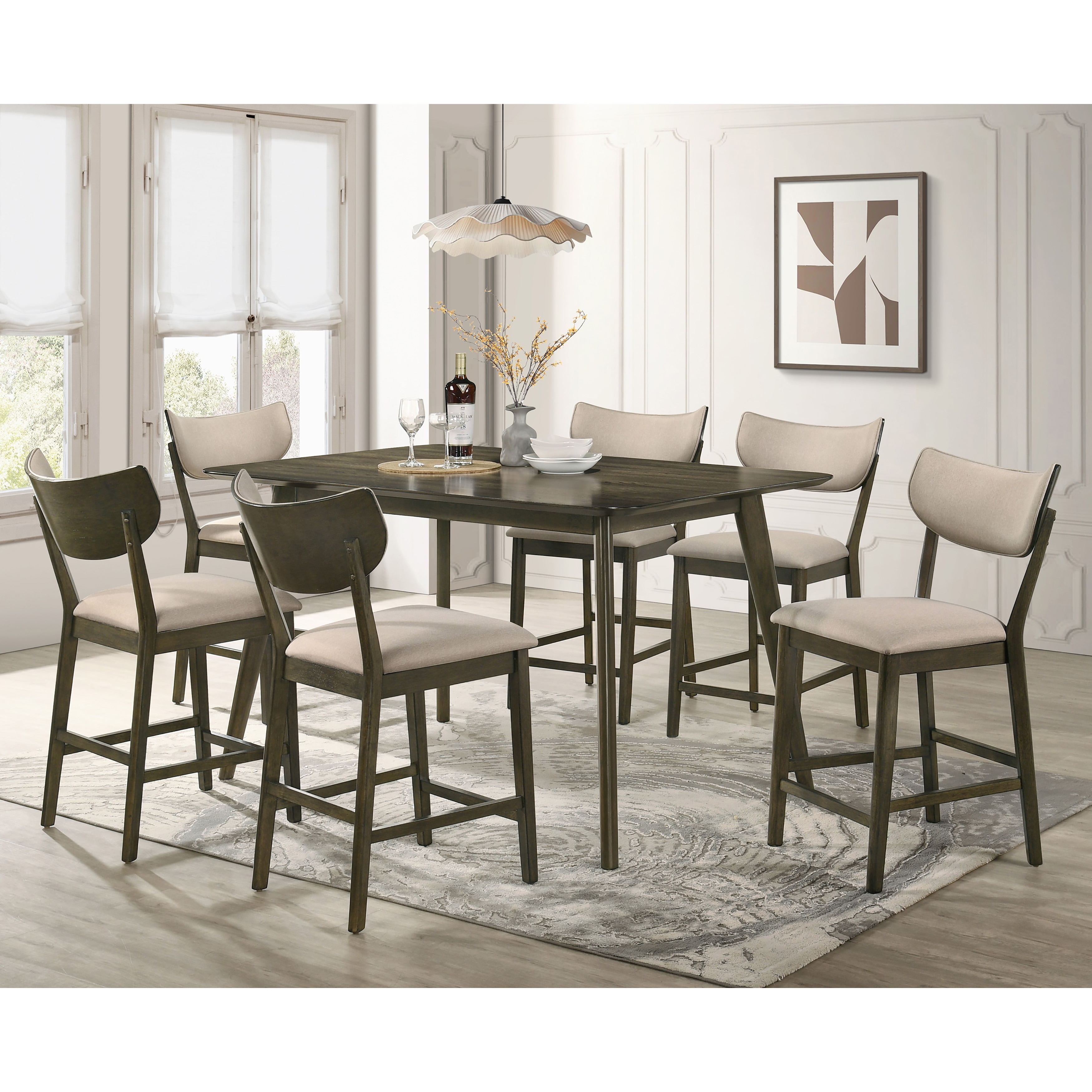 Furniture of America Valtier Mid-Century Modern 7-Piece Dark Walnut and Beige Wood Counter Height Dining Table Set