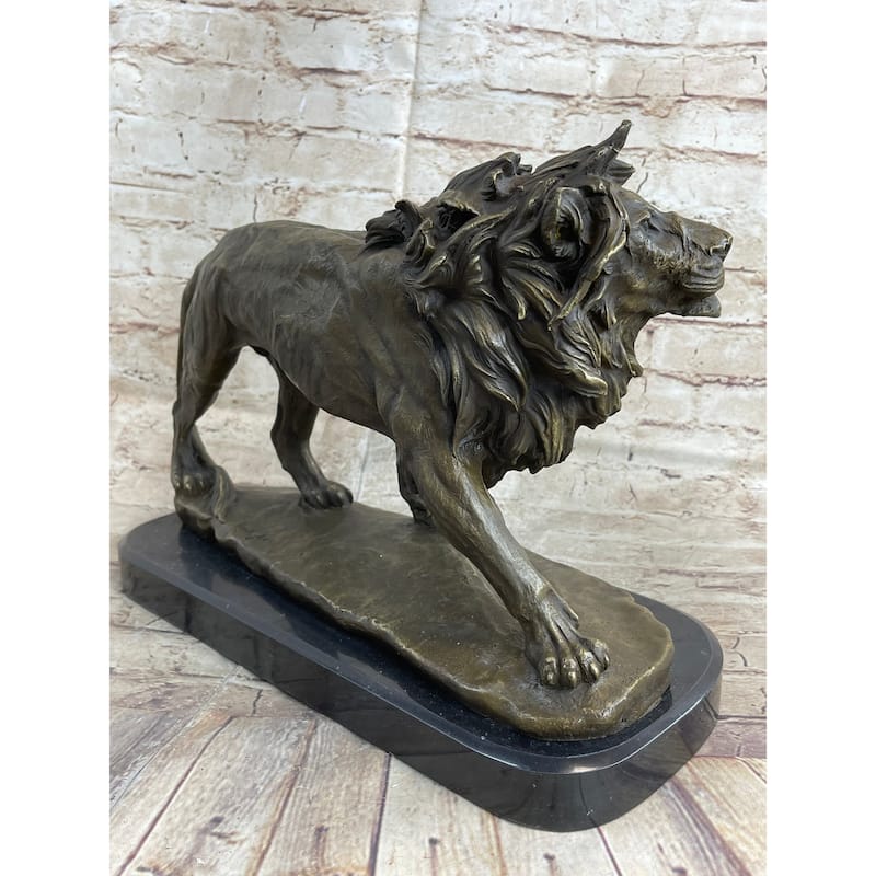 Lion Bronze Sculpture Statue Figure Handmade Art By Antoine Barye On Marble Base