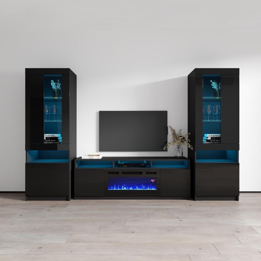 Meble Furniture Reno 05 Electric Fireplace Modern Wall Unit Entertainment Center for up to 90" TVs (110"W x 71"H) with 16-Color