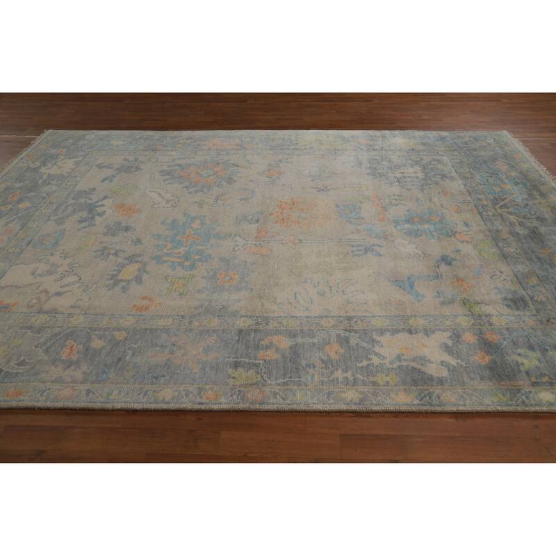 Oriental Beige Oushak Indian Area Rug Hand-Knotted Wool Carpet - 7'10" x 10'2"