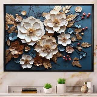 Designart "Blue And White Orchid Tree Golden Of Branches V" Abstract Floral Gold Hallway Framed Wall Art Decor