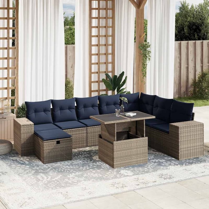 vidaXL Patio Sofa Set with Cushions Sectional Couches 9 Piece Poly Rattan - 24.4 x 24.4 x 27.2 - Grey