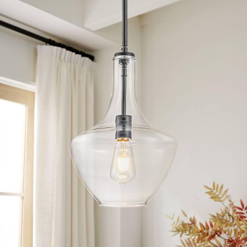 10.4" 1-Light Modern Bell-Shaped Chrome/Gold/Matte Black Clear Glass Pendant Light for Kitchen Island Dining Room - Black