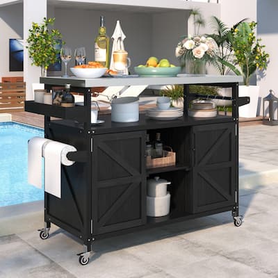 Outdoor Kitchen Island, Rolling Bar Cart & Storage Cabinet with Stainless Steel Top