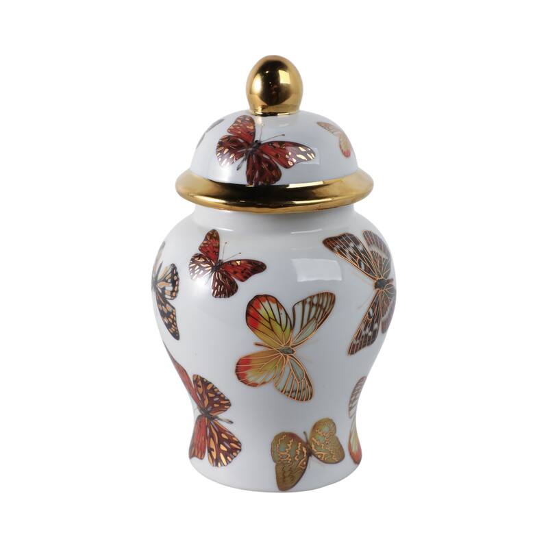 Ceramic Decorative Temple Jar with Lid and Metallic Butterfly Motif