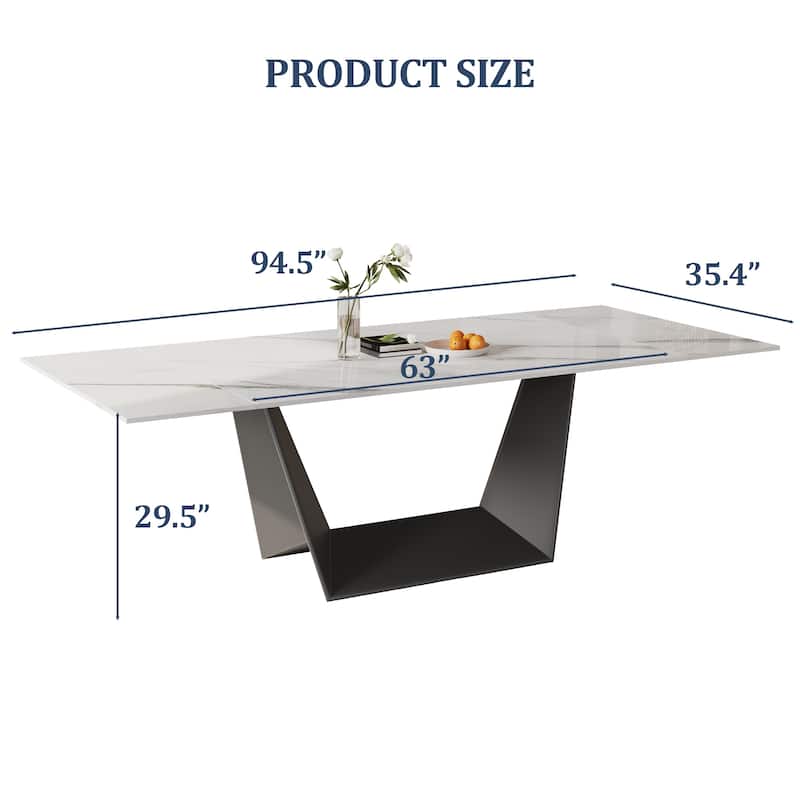 63"-95" Modern Extendable Dining Table For 6-10,White Glossy Sintered Stone Tabletop - 95