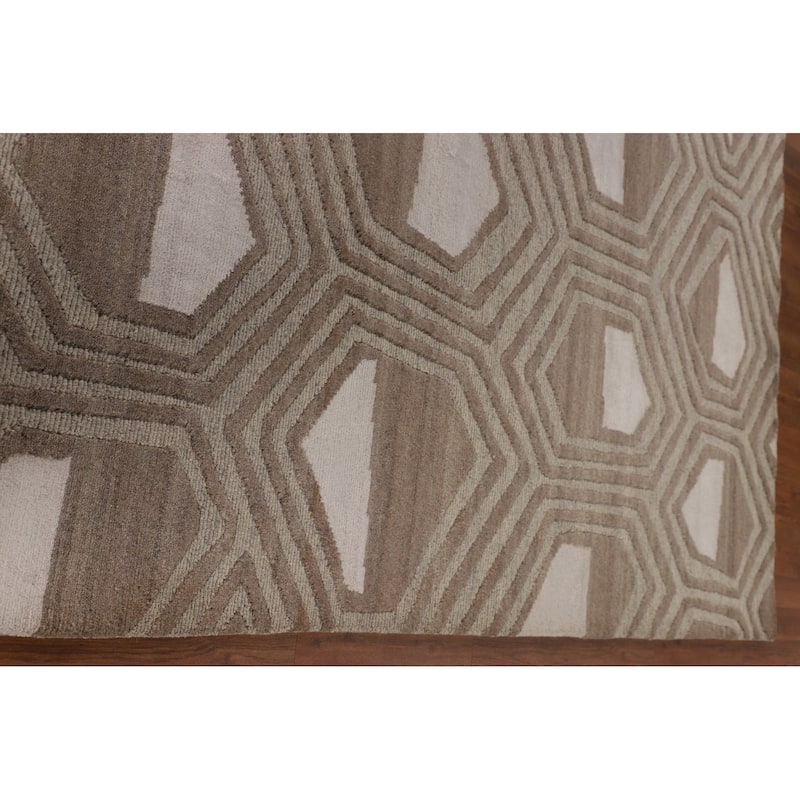 Geometric Modern Oriental Area Rug Handmade Beige Wool Carpet - 9'0" x 11'8"