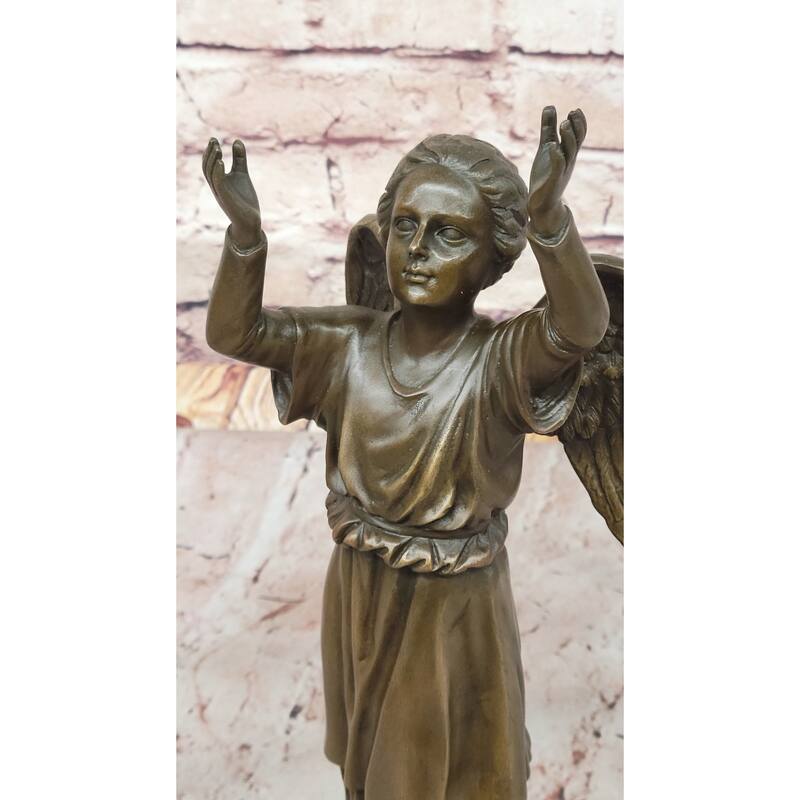 Bronze Child Angel Statue With Upraised Arms – Spiritual Décor On Marble Base