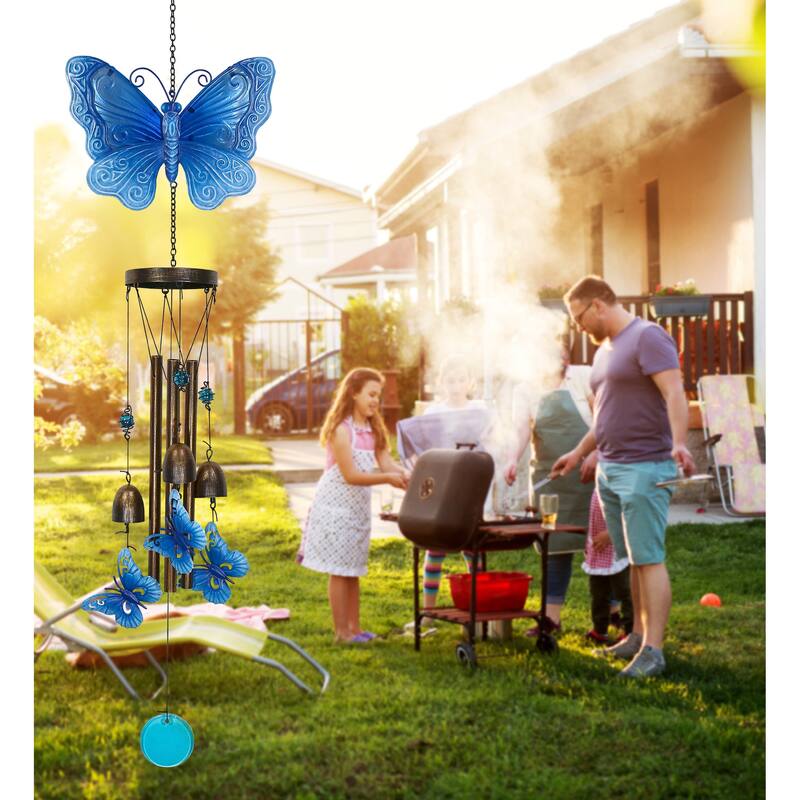 CoTa Global Blue Garden Butterfly Wind Chime – Glass and Metal Chime - 35 inches