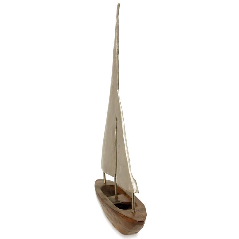 Large Pewter Sails - Natural Stained Wood Base Boat Sculpture with Pewter Metal Sails