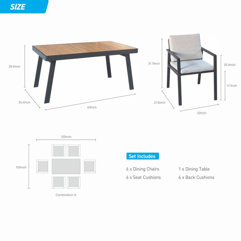 HIGOLD 6801 Nofi Outdoor Dining Set for 4/6 seaters with Grey Cushions/Textile, Aluminum Frame, Imitated Teak Tabletop