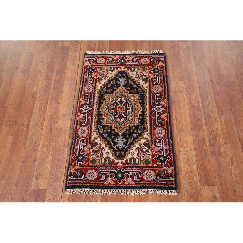 Navy Blue Heriz Serapi Indian Accent Rug Handmade Wool Carpet - 2'0" x 3'0"