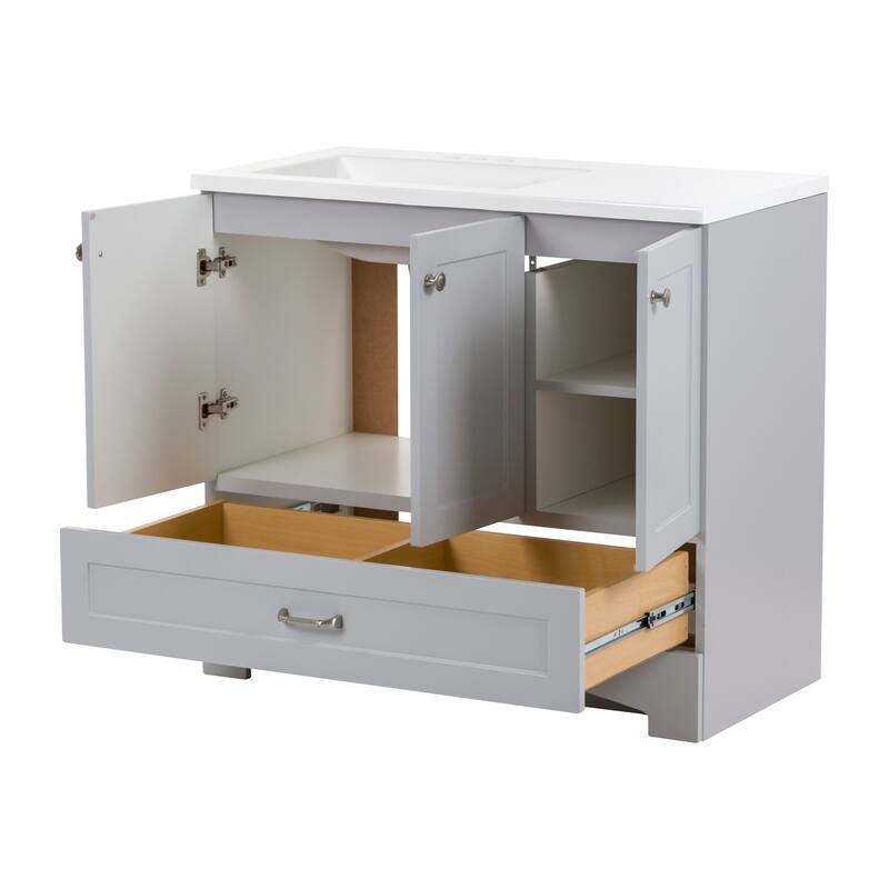 Spring Mill Cabinets Emlyn 36.5" Bathroom Vanity With Shelves, Drawer, and White Sink Top