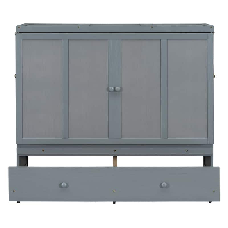Full Size Murphy Bed with USB Port and a Large Drawer, Gray