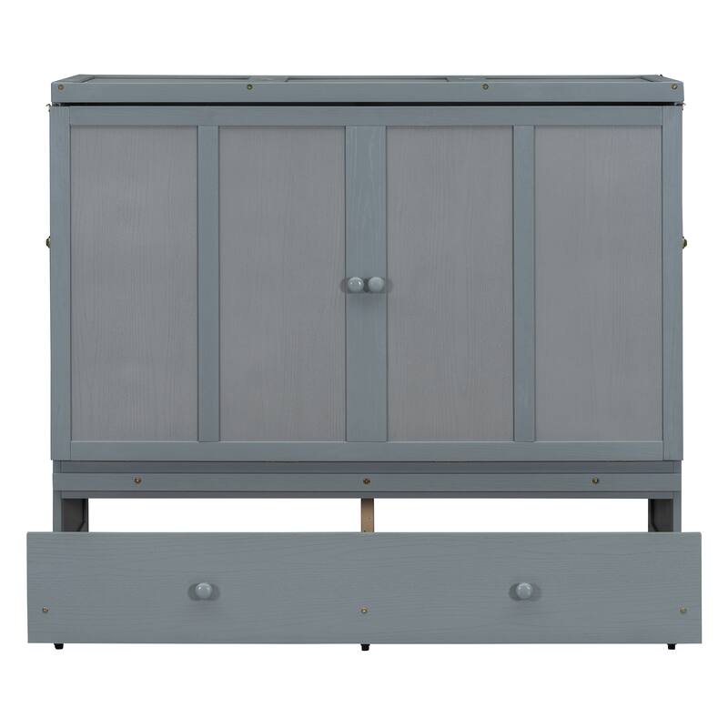 Space-Saving Full Size Murphy Bed with USB Port and Large Drawer, Gray